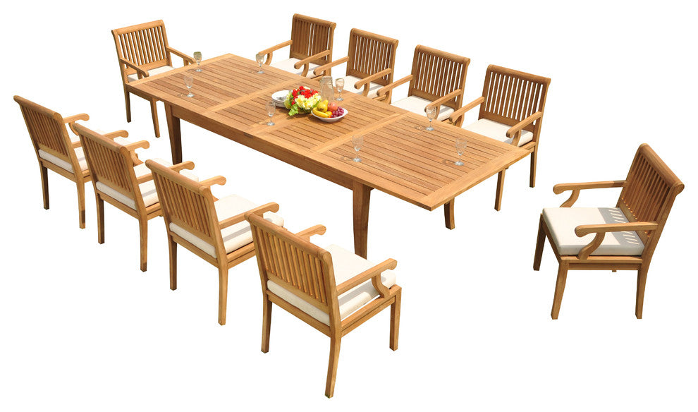 11-Piece Patio Teak Dining Set: 122" X-Large Rectangle Table, 10 Sack Arm Chairs