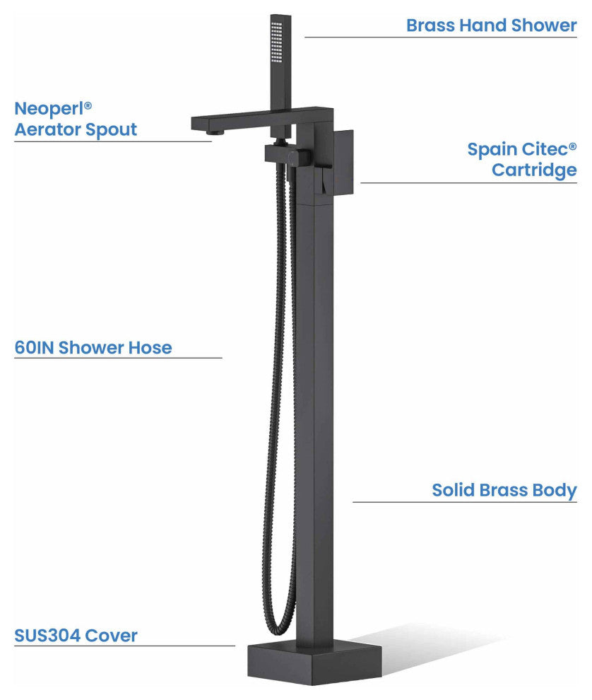 Cube Single Handle Floor Mount Tub Filler With Hand Shower, Matte Black