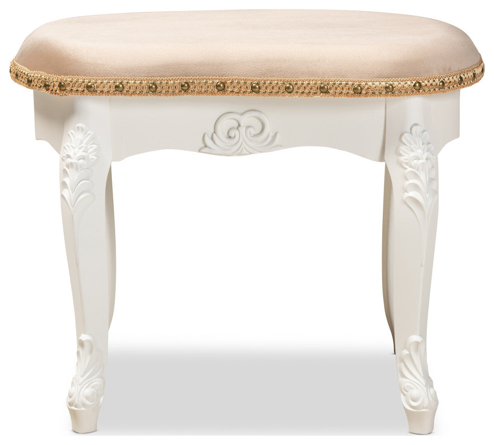 Wiktoria Country Provincial Sand Velvet Upholstered White-Wood Vanity Ottoman