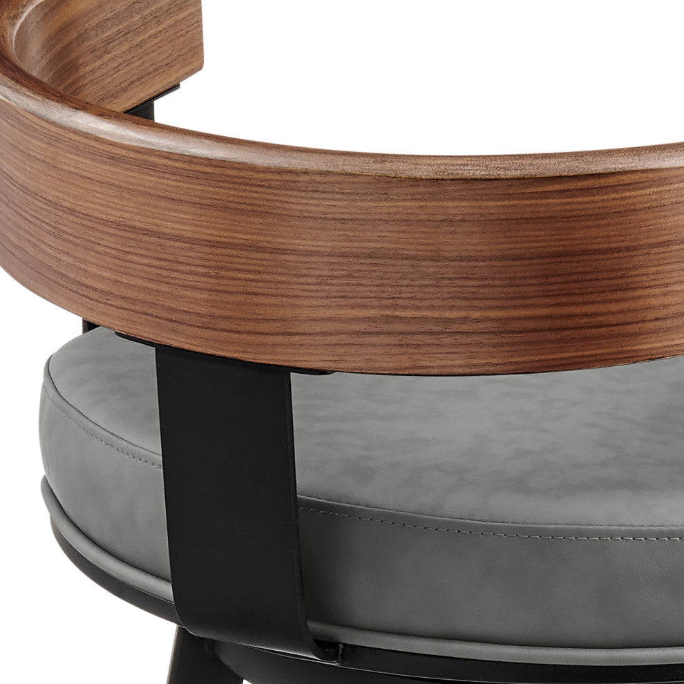 Idris Swivel Stool, Black/Walnut Finish & Gray Faux Leather, Counter, 26"