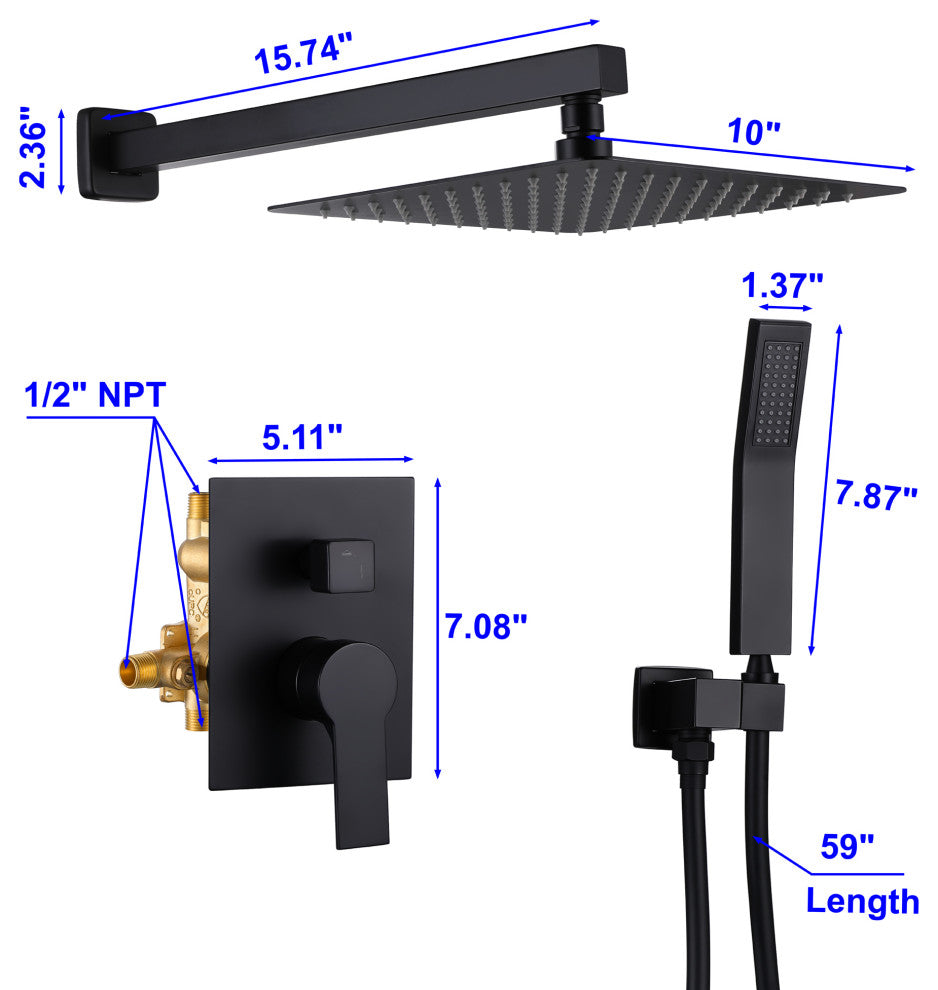 Wellfor Shower Faucet, 10" Rain Shower Head With Handheld Combo Set and Valve, Black