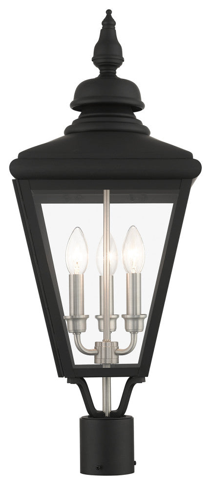 3 Light Black Outdoor Large Post Top Lantern, Brushed Nickel