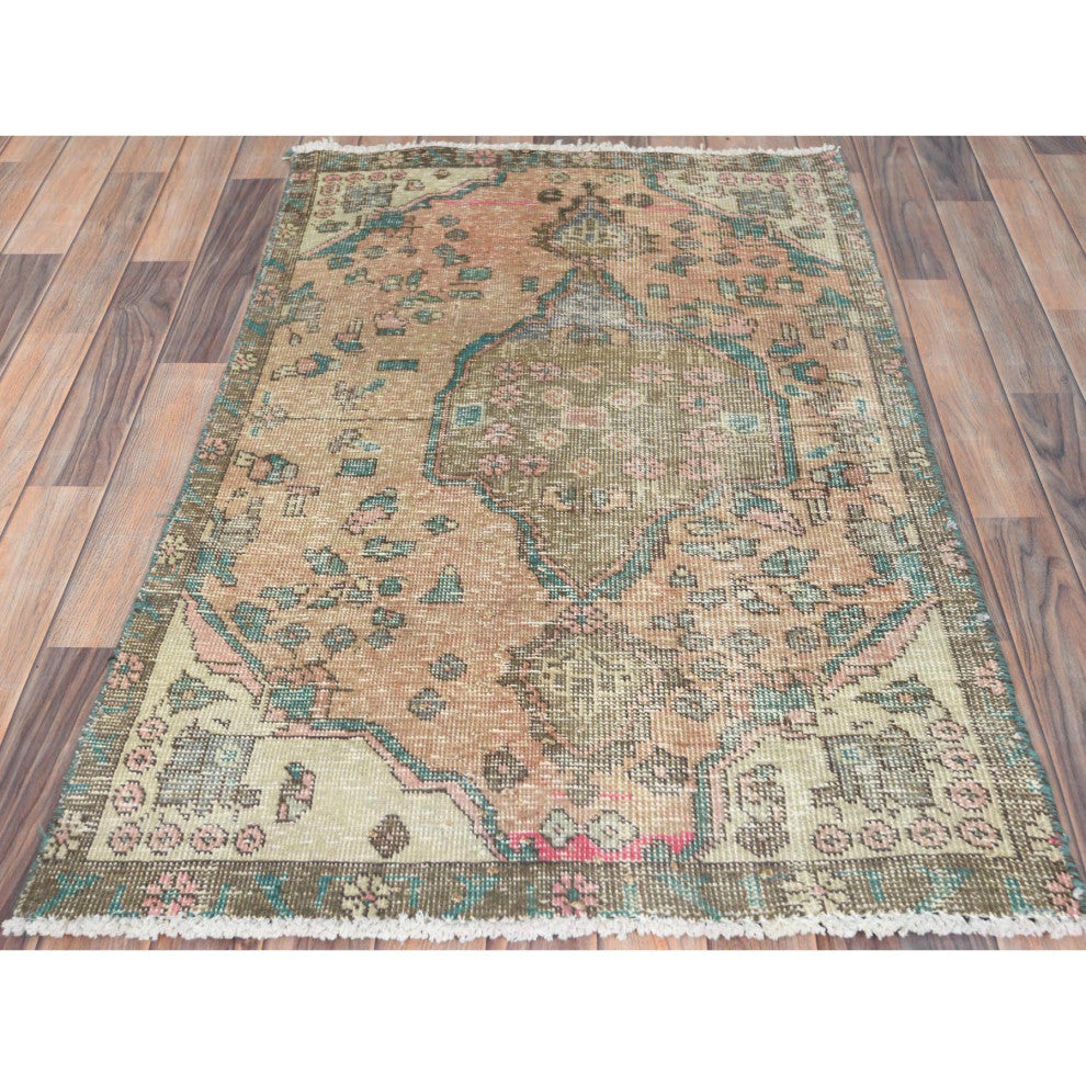 Cafe Au Lait Brown Worn Wool Hand Knotted Vintage Persian Tabriz Rug 3'x4'5"