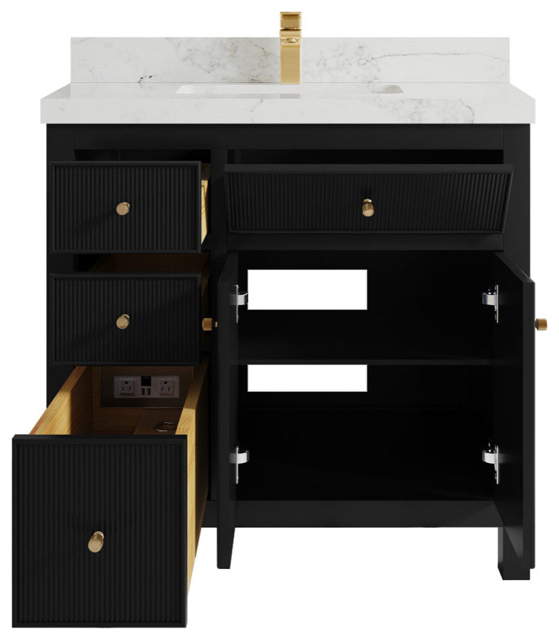 Sonoma 36 Center Sink Reeded Bath Vanity in Black 2" Calacatta Nuvo
