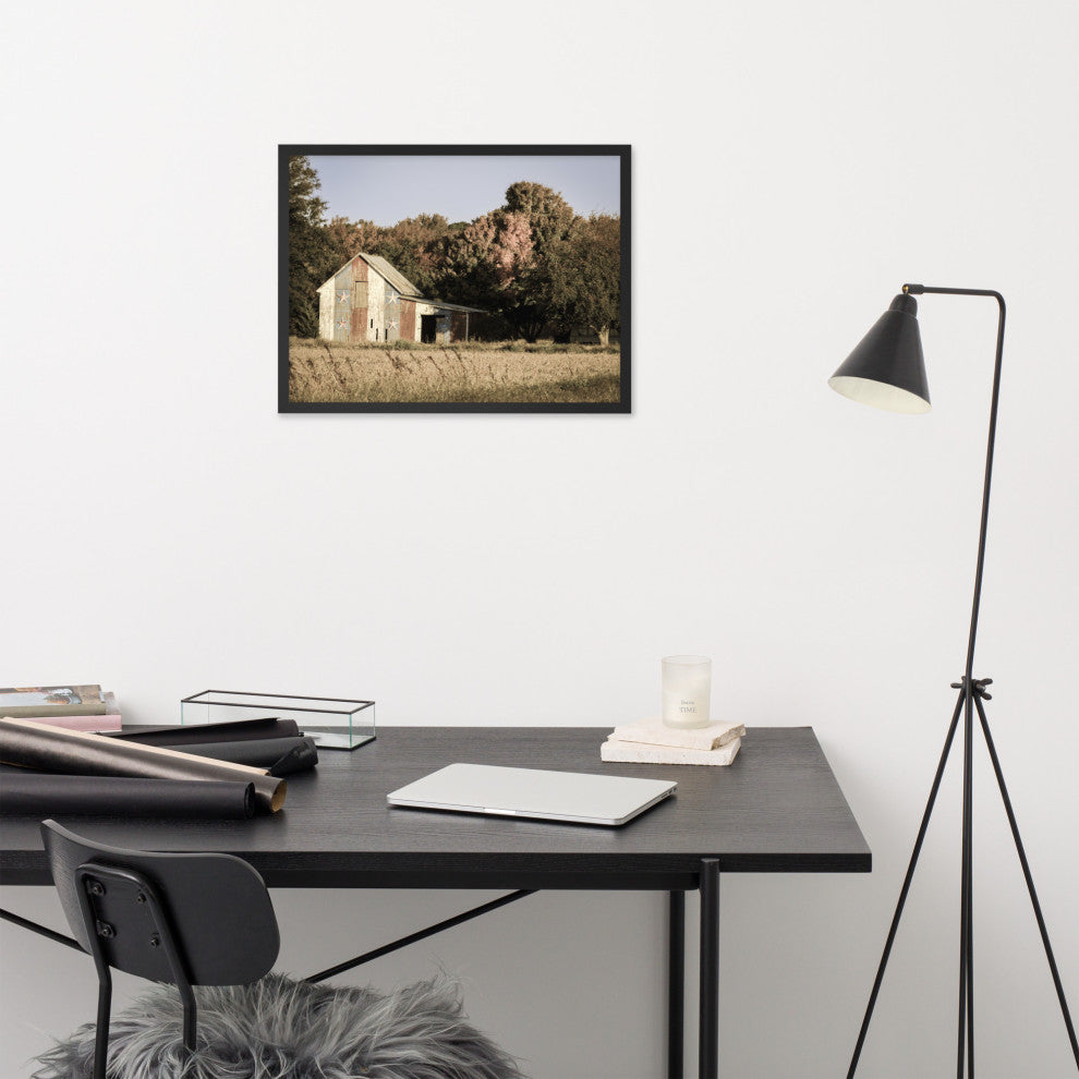 Patriotic Barn in Field Aged Effect Framed Photo Paper Wall Art Prints, Black, 18" X 24"