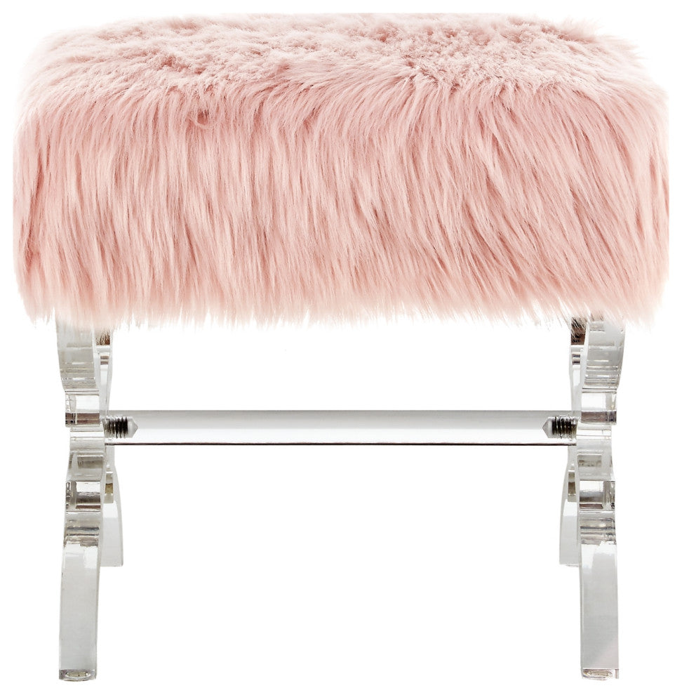 Enzo Faux Fur Acrylic X-Leg Ottoman, Rose