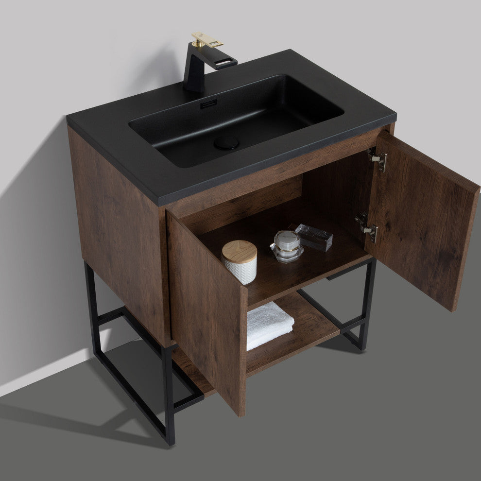 Freestanding Bath Vanity Set, Rose Wood, Integrated Solid Surface Sink, 30"