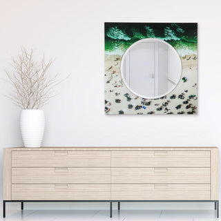 "Beach" Square Beveled Wall Mirror on Floating Printed Tempered Art Glass