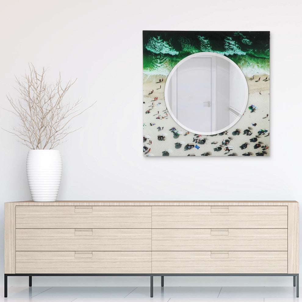 "Beach" Square Beveled Wall Mirror on Floating Printed Tempered Art Glass