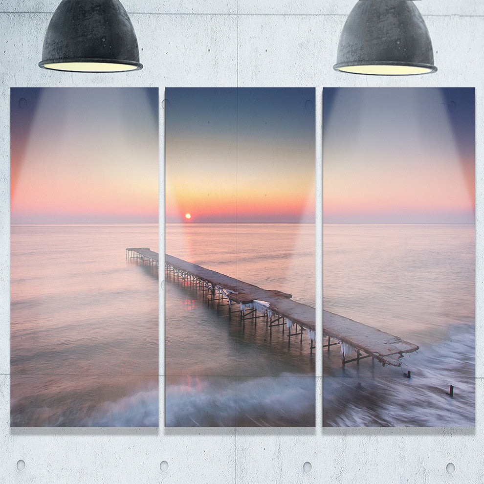 "Long Exposure Sea and Shore" Sea Bridge Metal Wall Art, 3 Panels, 36"x28"