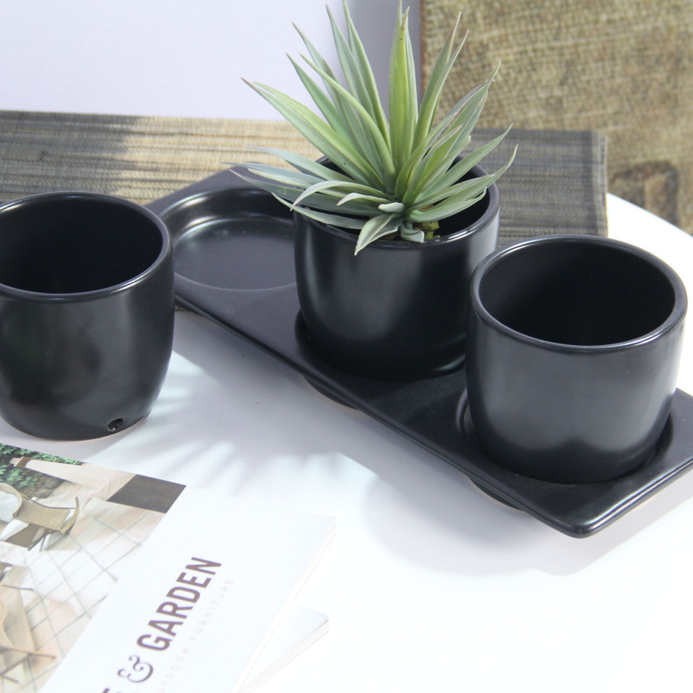 Lilac Planter Set with Tray, Black