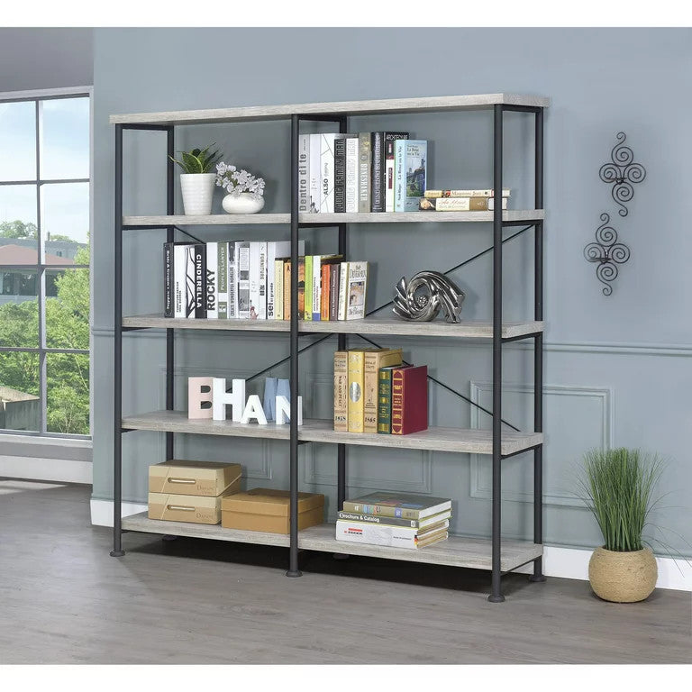 Industrial Bookcase, Wide Design With Open Metal Frame With 4 Shelves, Gray