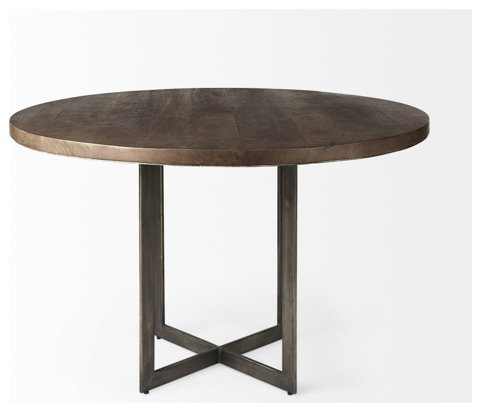 Rustic Brown Round Wood and Metal Dining Table