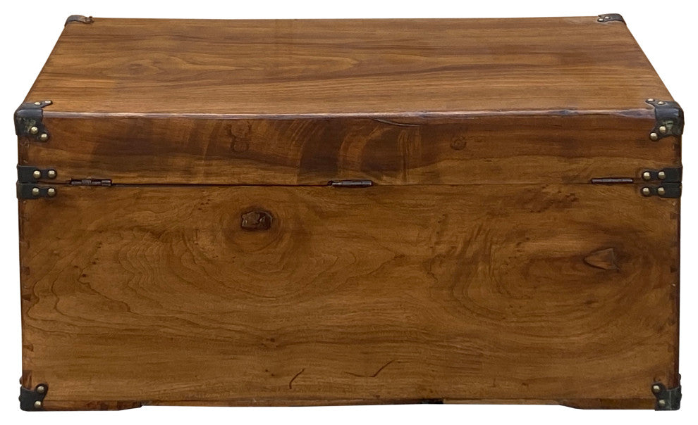 Vintage Oriental Chinese Brown Wood Iron Hardware Trunk Table Hcs7435