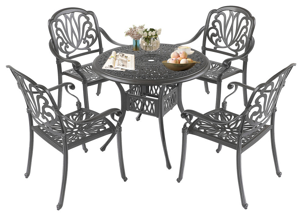 All-Weather 5-Piece Patio Bistro Table Set With Umbrella Hole Black