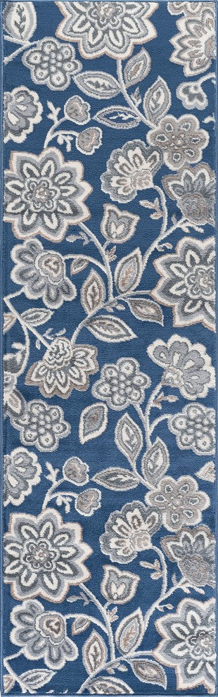 Emmalyn Transitional Floral Navy Runner Rug, 2'x7'
