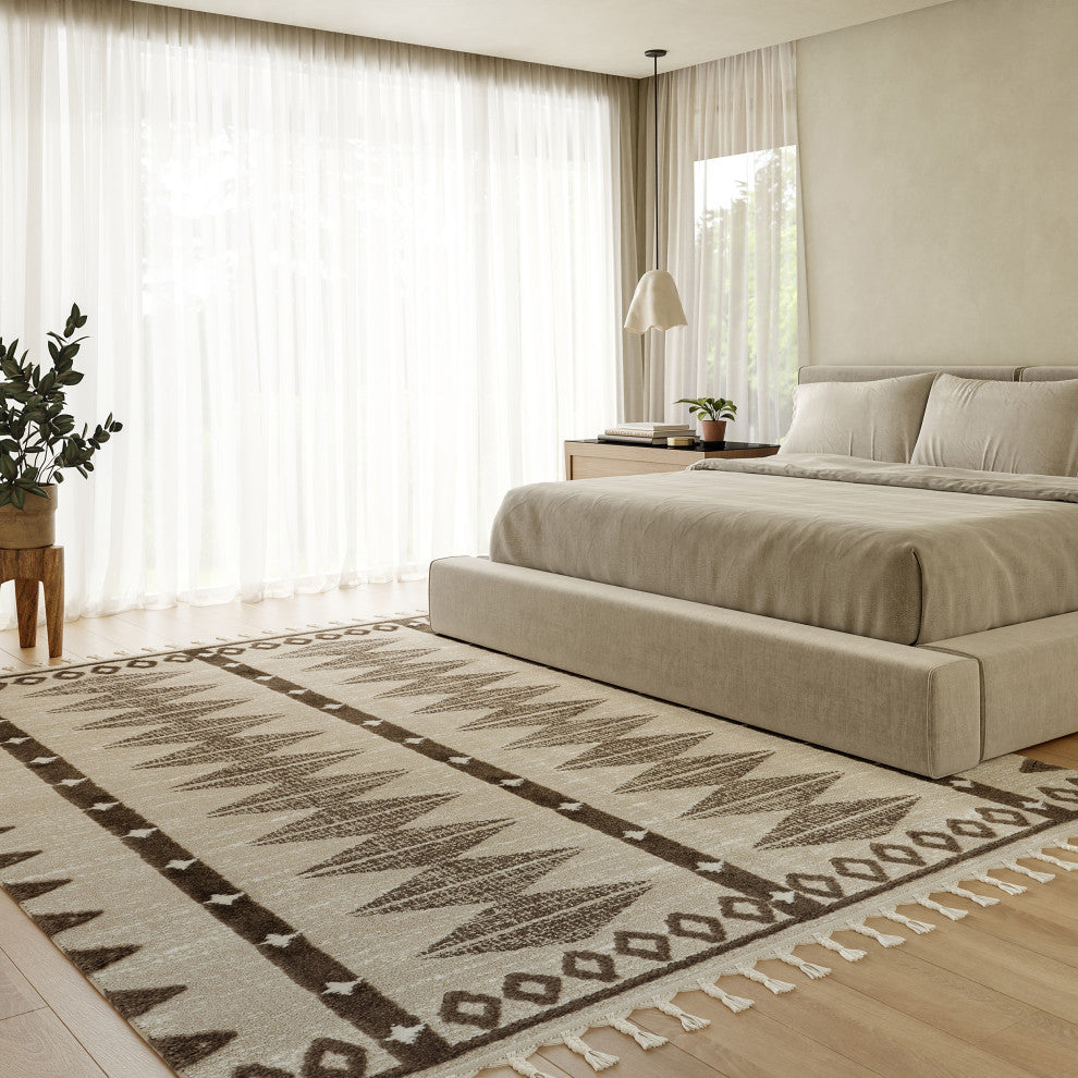 Autumn Geometric Tasseled Area Rug, Beige 10' x 13'