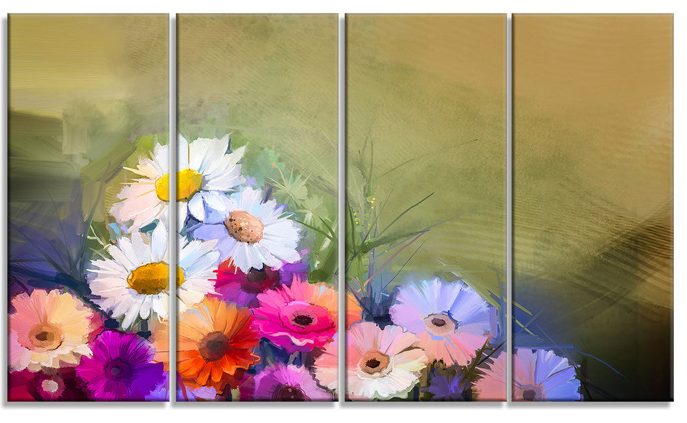 White Sunflower and Gerbera Flowers, Floral Canvas Art Print, 48"x28", 4 Panels