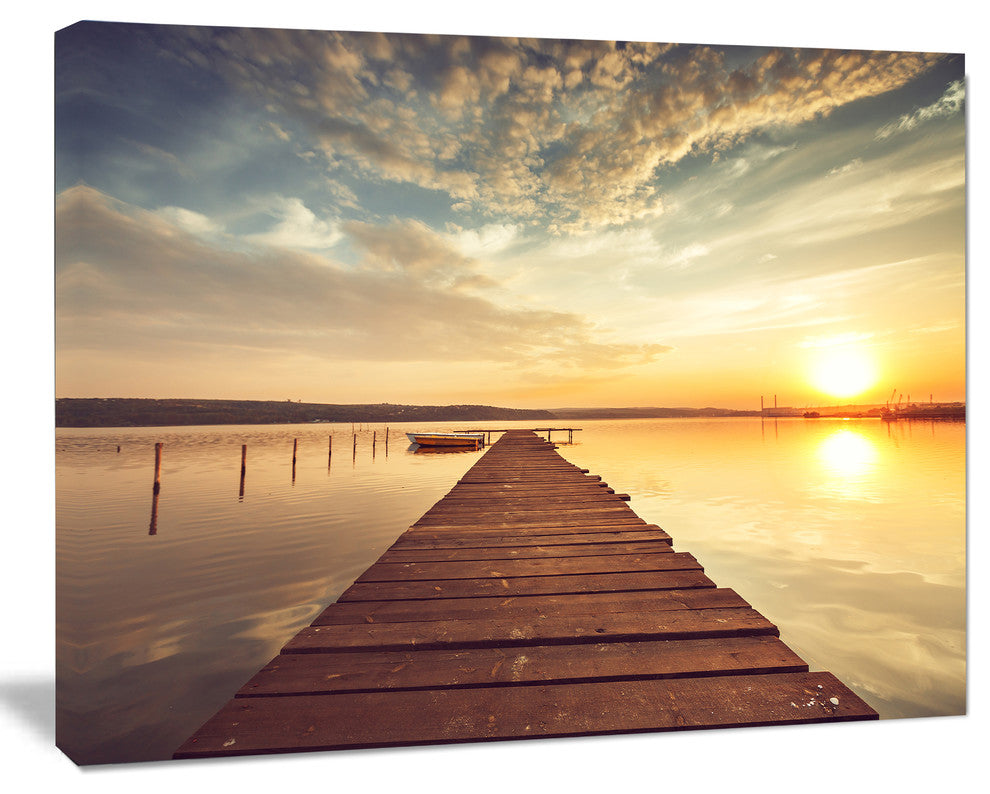 Sea Pier under Beautiful Cloudscape, Modern Canvas Art Print, 20"x12"
