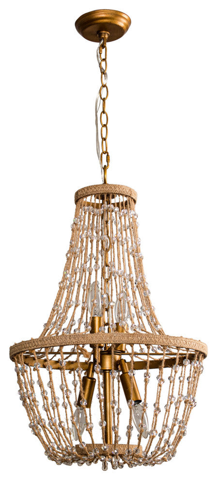 4-Light Farmhouse Chandelier With Jute Rope and Crystal Shade