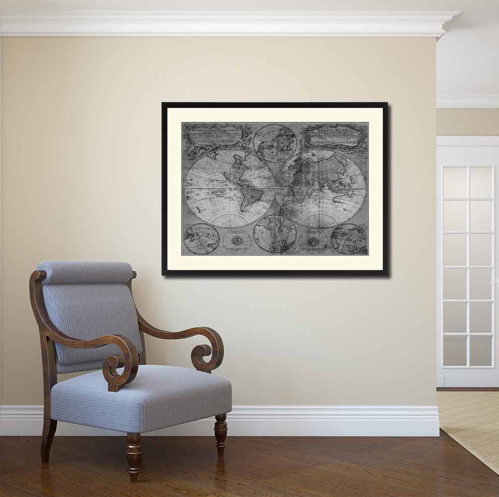 World Vintage Map Print On Canvas With Black Custom Frame, 16" X 21"