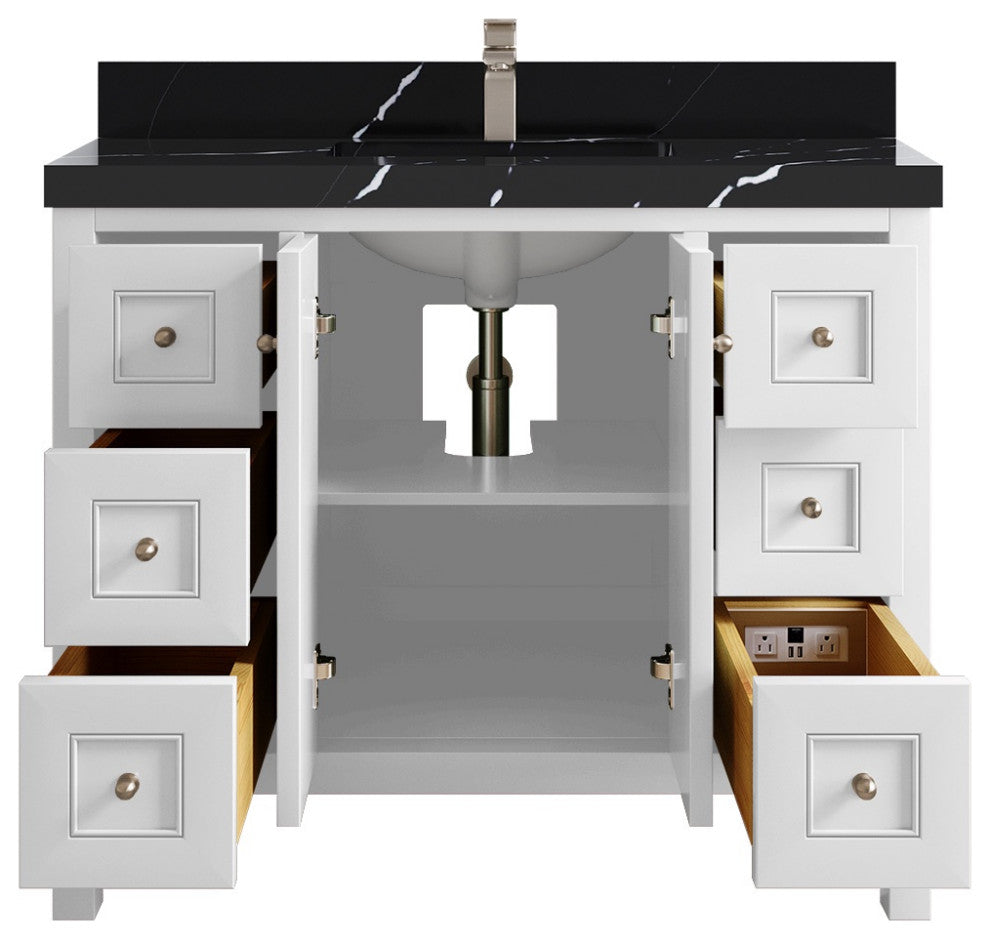 Nashville 42" Single Sink Bath Vanity, White 2" Calacatta Black