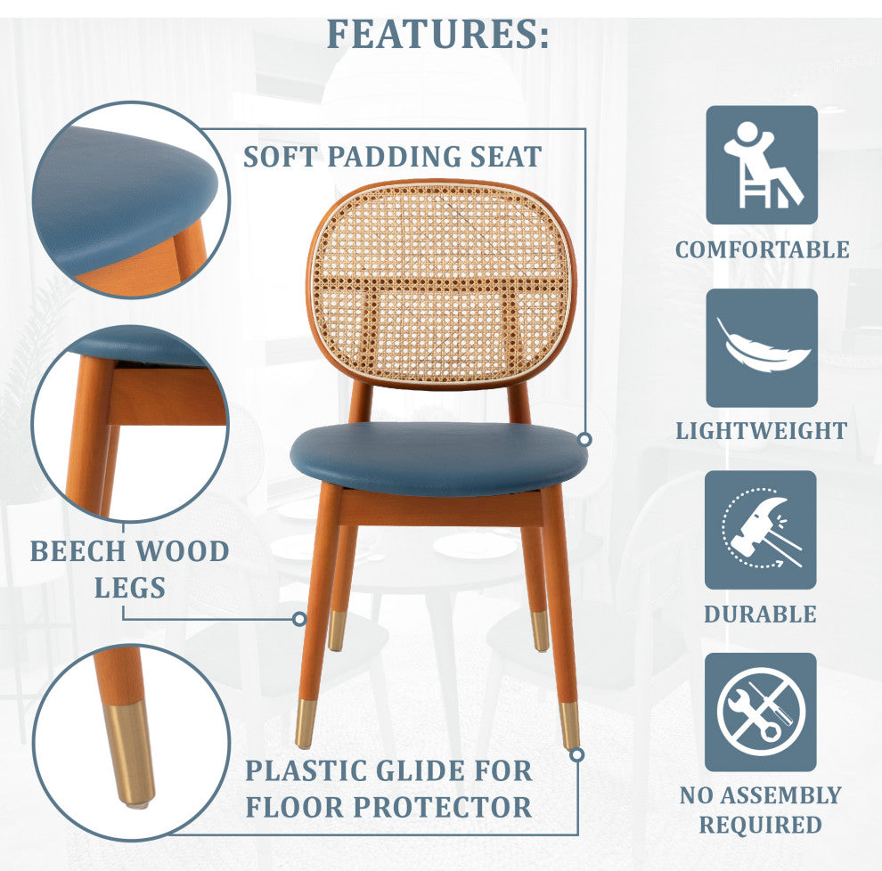 LeisureMod Holbeck Modern Dining Chair with Wood Legs and Wicker Back, Navy Blue
