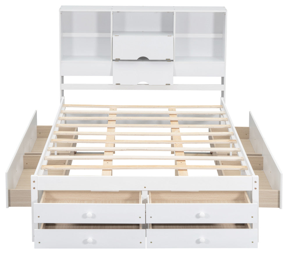 Gewnee win Size Wood Platform Bed with House-shaped Headboard in White