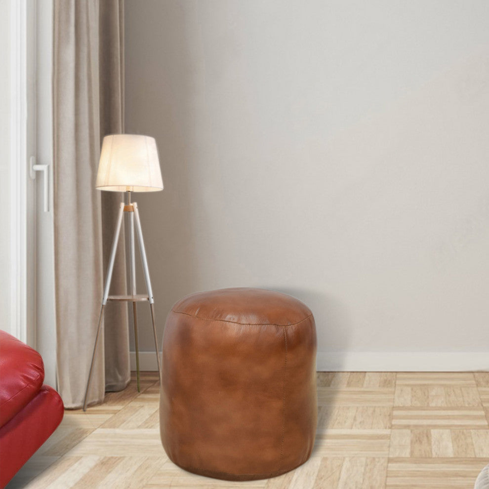 Pouf-Solid Handmade Leather Pouf (Recycled Foam with Fiber Fill), Light Brown, {Round]14x14x14