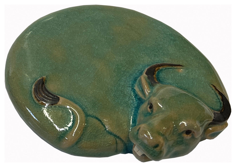 Chinese Ceramic Clay Celadon Turquoise Flat Ox Cow Shape Art Figure Hws3080B