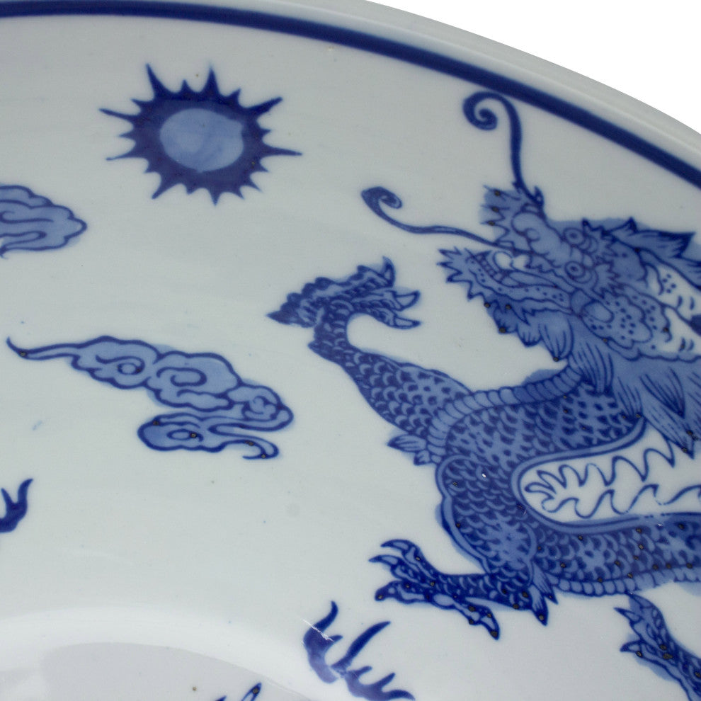 14" Dragon Blue and White Porcelain Bowl