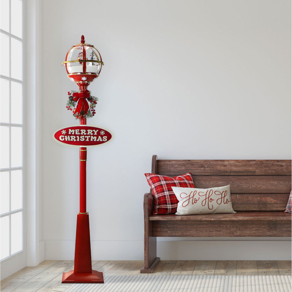 Let It Snow 69" Snow Globe Lamp Post, Red, Santa, 2 Signs, Snow, Holiday Carols