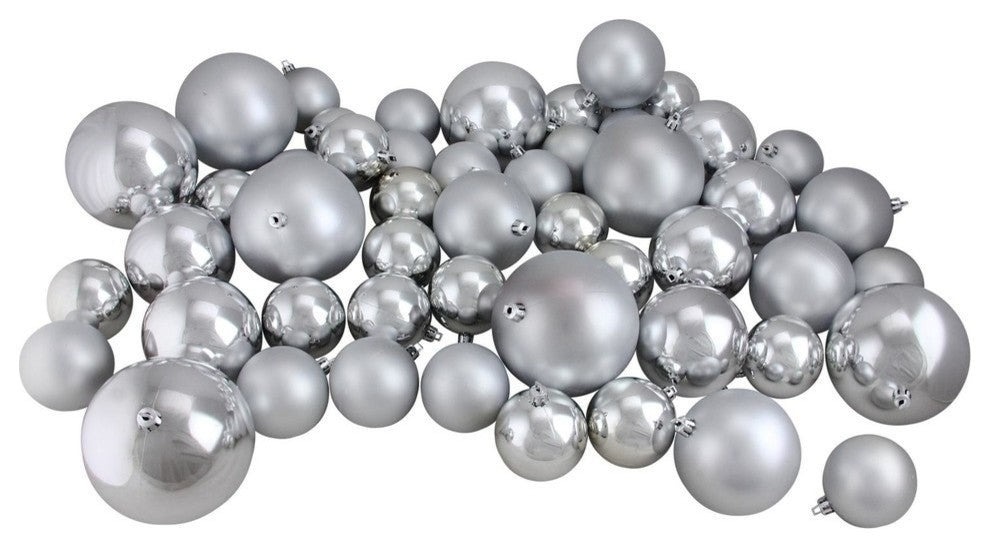 50-Piece Shiny and Matte Shatterproof Ornaments Set, 2.4"-3"-4", Silver Splendor