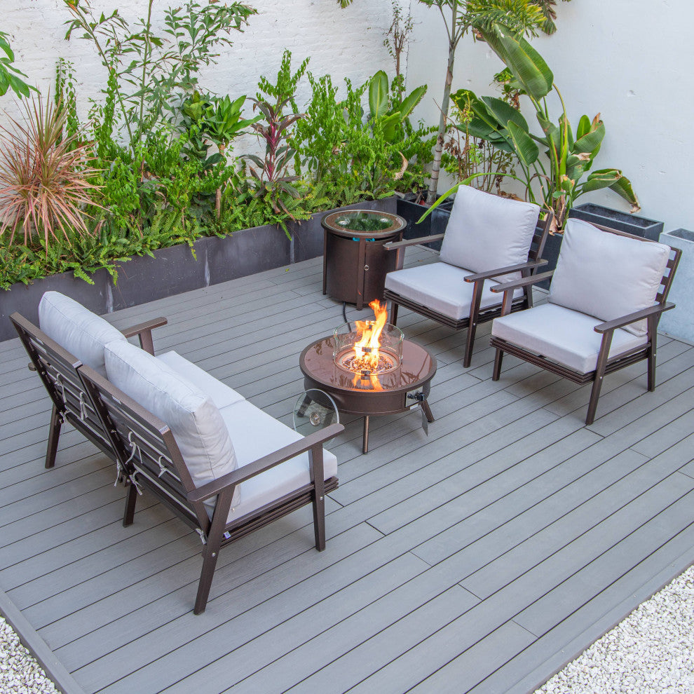 LeisureMod Walbrooke Brown Patio Sofa Set With Round Fire Pit Table, Light Grey