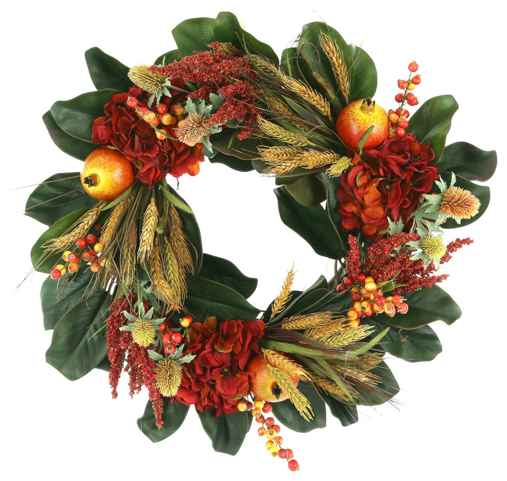 27" Fall Wreath with Hydrangeas, Wheat and Pomegranates