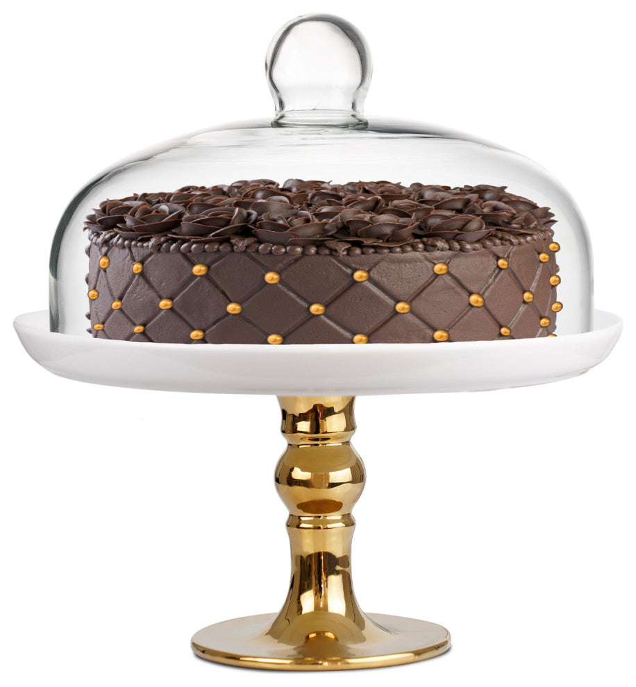 White Cake Plate, Gold Footed Cake Stand,Clear Dome, 9.8"