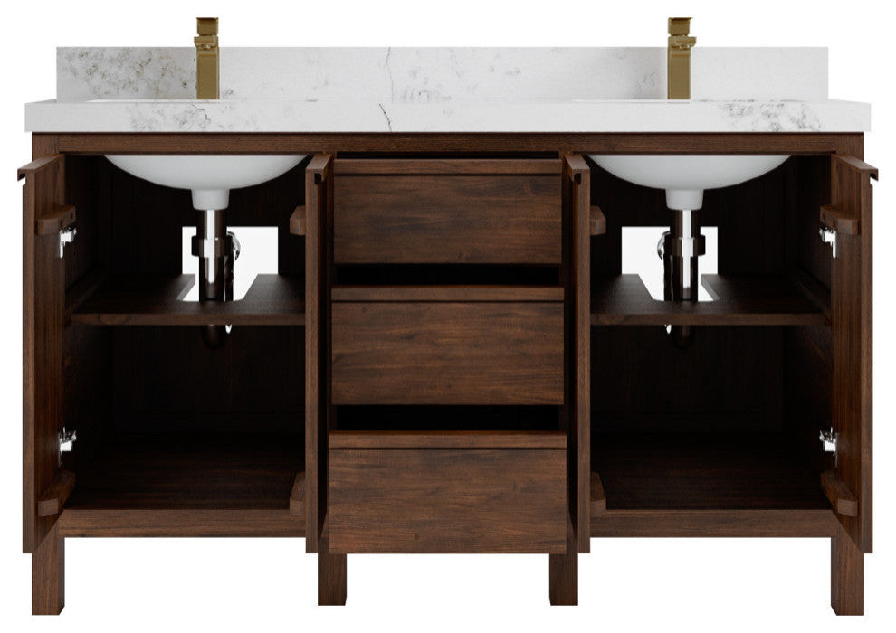 Elizabeth 60 Double Bathroom Vanity in Dark Walnut Teak 2" Calacatta Nuvo