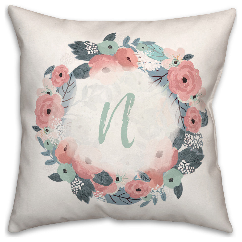 N Monogram Wreath 18x18 Spun Poly Pillow