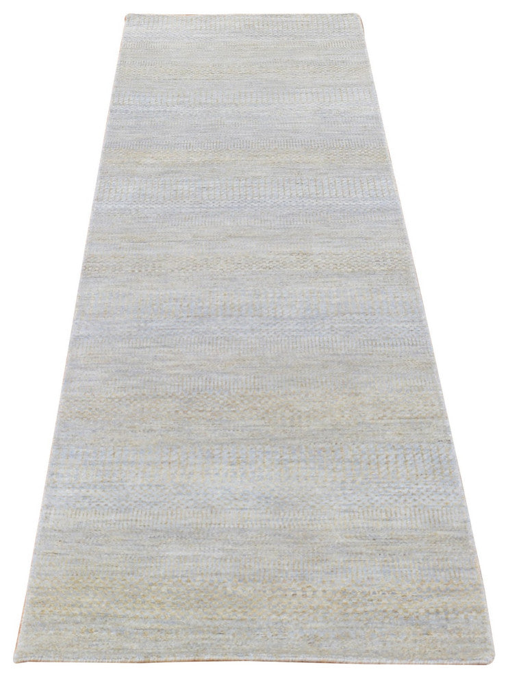 Gray Modern Grass Design Gabbeh Hand Knotted Wool and Silk Runner Rug, 2'8"x9'1"