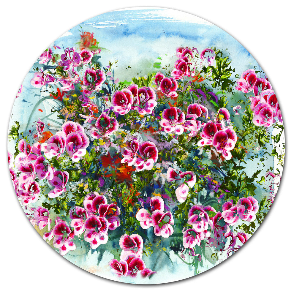 Purple Flowers Watercolor Illustration, Floral Disc Metal Wall Art, 23"