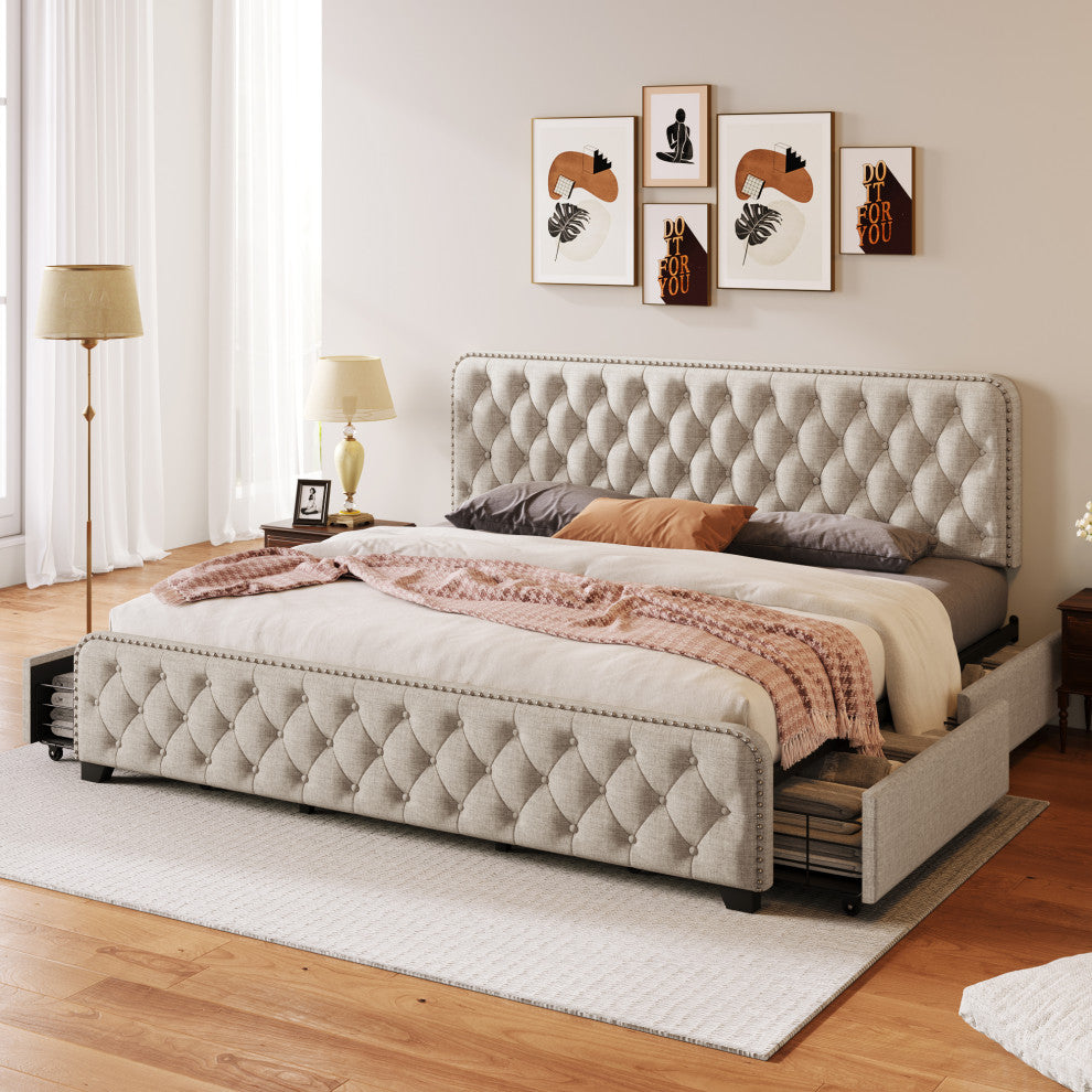 Metal Platform Bed with Headboard, Upholstered and 4-Drawer, Beige, 84.6" X 79.5"