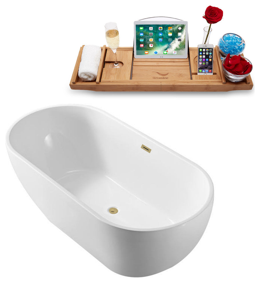 65" Streamline Bathtub and Tray With Drain, Brushed Brass