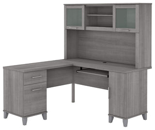 Transitional Desk, L-Shaped With Hutch, Perfect for Space Saving, Platinum Grey
