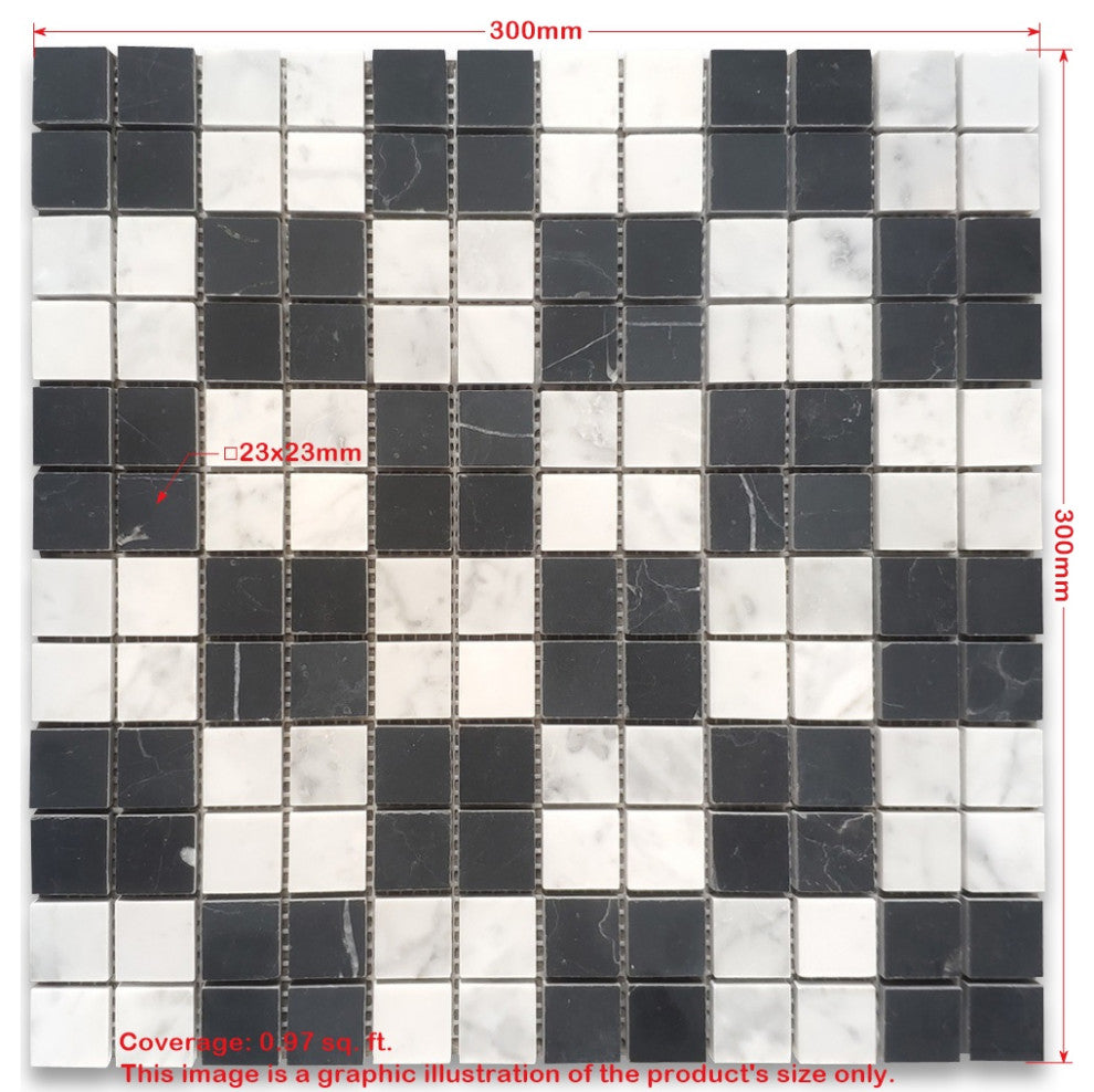 Carrara White Nero Marquina Black Marble 1x1 Plaid Mosaic Tile Honed, 1 sheet