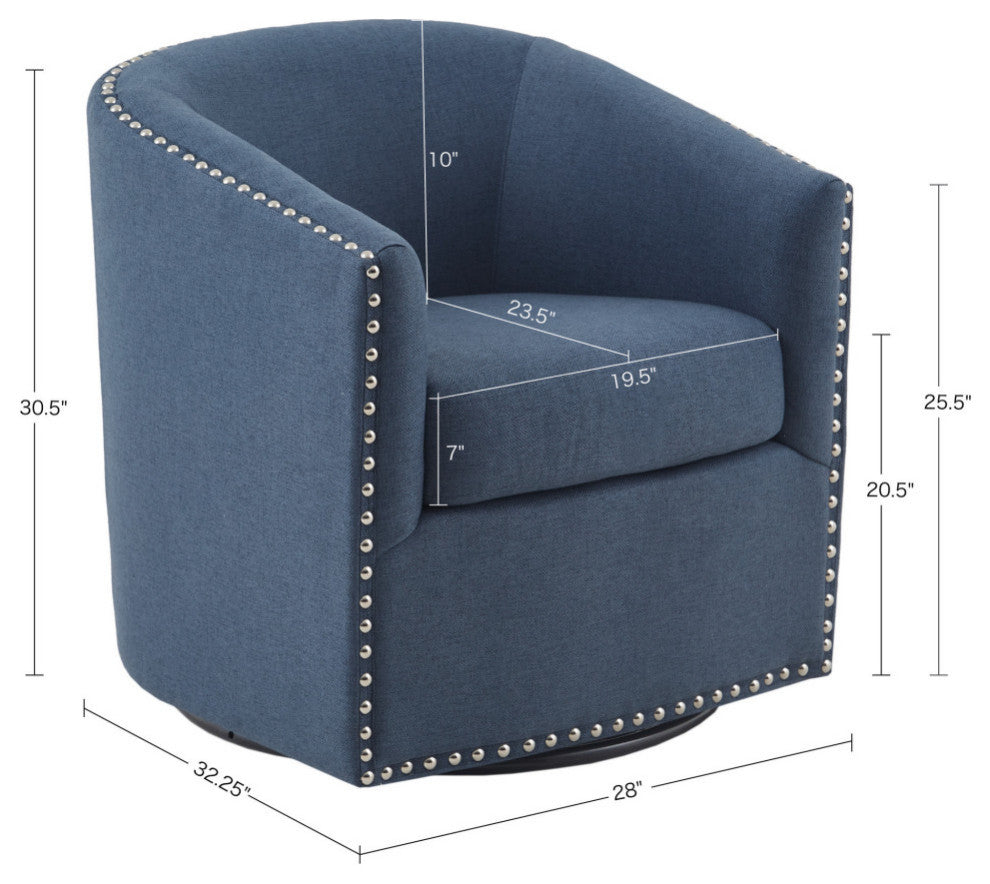 Madison Park Tyler Upholstered Swivel Barrel Chair with Nailheads, Blue