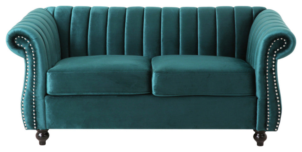 Bauman Modern Glam Channel Stitch Loveseat with Nailhead Trim, Teal + Dark Brown, Velvet