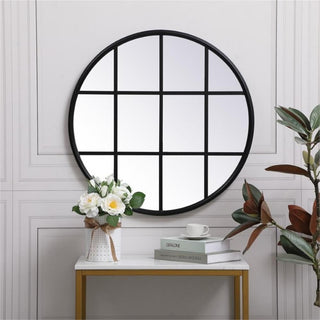Elegant Decor Motif 28" Round Mid Century Metal Windowpane Frame Mirror in Black