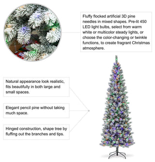 9' Pre-Lit Flocked Pencil Pine Artificial Christmas Tree with 450 LED Lights