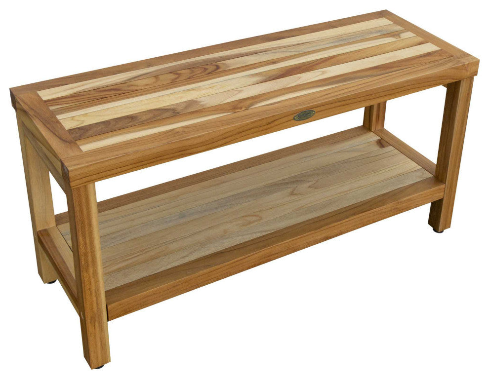 HomeRoots Large Rectangular Teak Bench With Shelf, Natural Finish