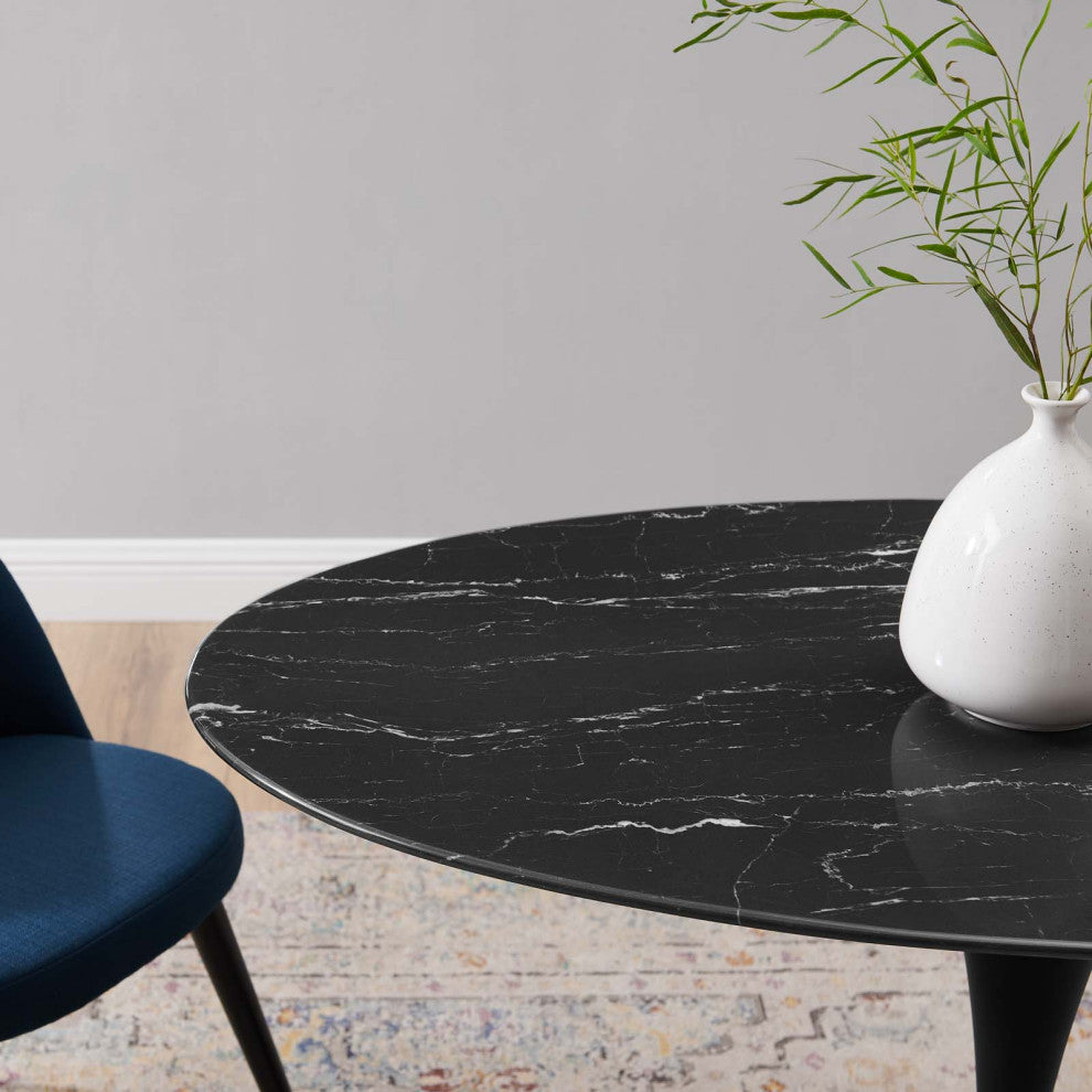 Dining Table, Oval, Artificial Marble, Metal, Black, Modern, Bistro Restaurant